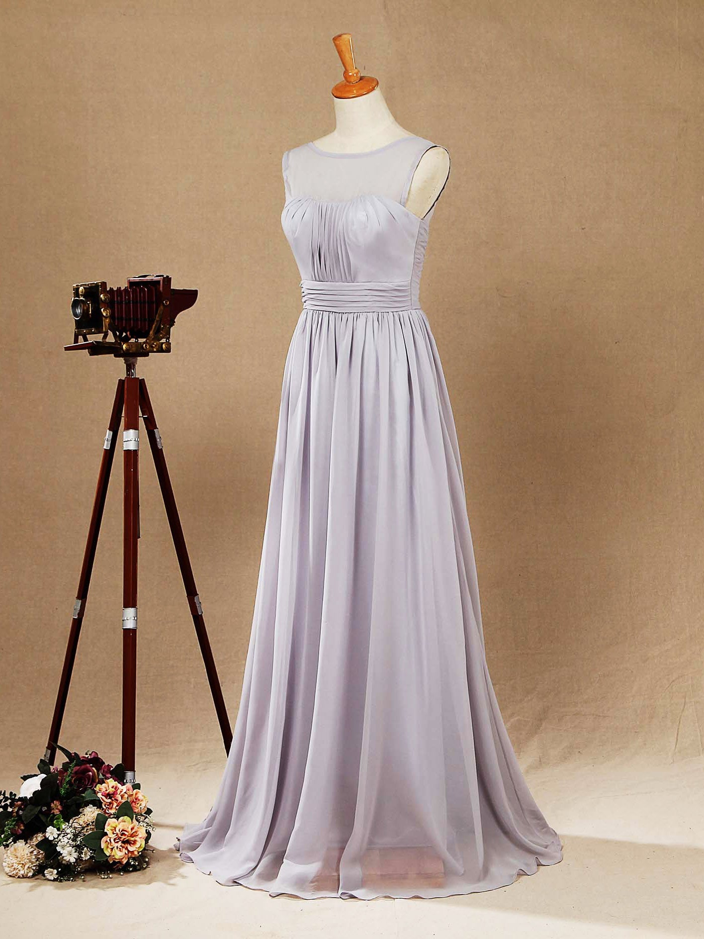 A-Line Floor Length Chiffon Bridesmaid Dress Silver Bateau Neck with Lace Up Simple High Quality Prom Dress