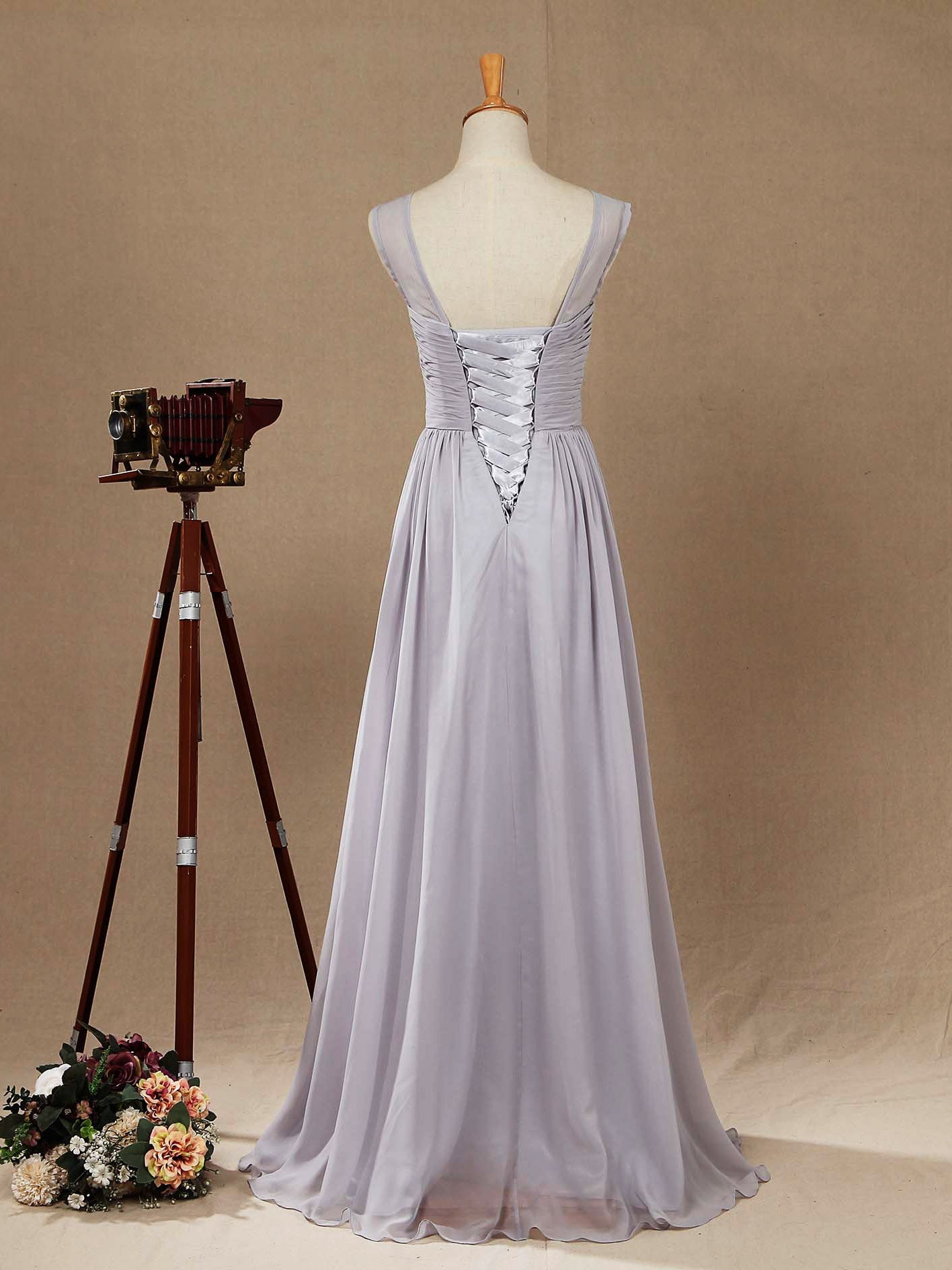 A-Line Floor Length Chiffon Bridesmaid Dress Silver Bateau Neck with Lace Up Simple High Quality Prom Dress