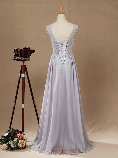 A-Line Floor Length Chiffon Bridesmaid Dress Silver Bateau Neck with Lace Up Simple High Quality Prom Dress