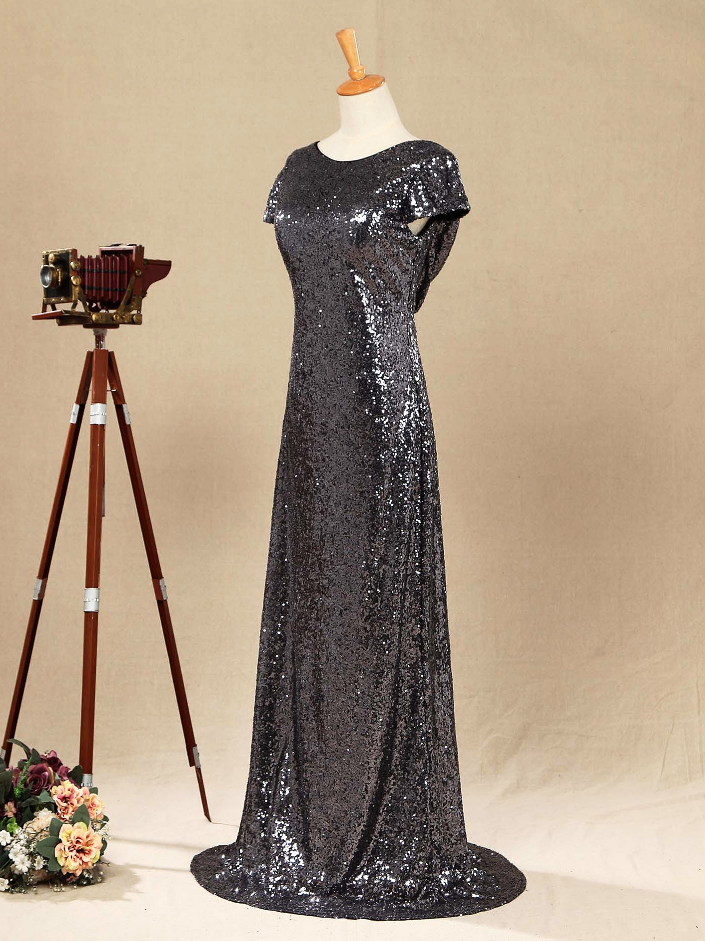 NumberSea - Numbersea Sequin Bridesmaid Dress Cowl Back Cap Sleeves Scoop Neck Luxury Black Floor length Evening dress