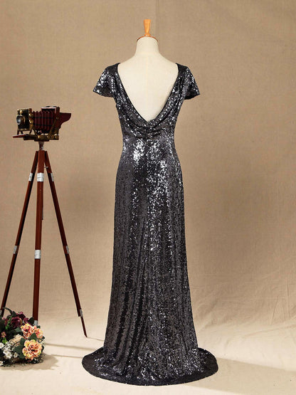 NumberSea - Numbersea Sequin Bridesmaid Dress Cowl Back Cap Sleeves Scoop Neck Luxury Black Floor length Evening dress