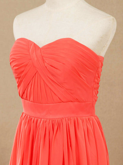 Vestido de dama de honor convertible de gasa coral, corte A, un hombro, cuello halter, sin tirantes, escote en forma de corazón 