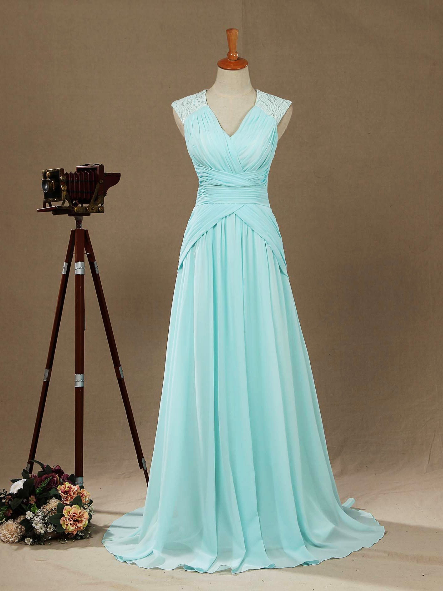 A-Line V-neck Floor Length Chiffon Formal Evening Dress with Lace Shoulder Straps