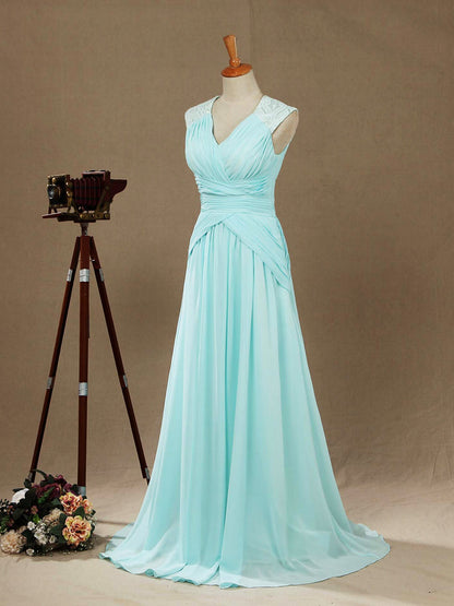 A-Line V-neck Floor Length Chiffon Formal Evening Dress with Lace Shoulder Straps