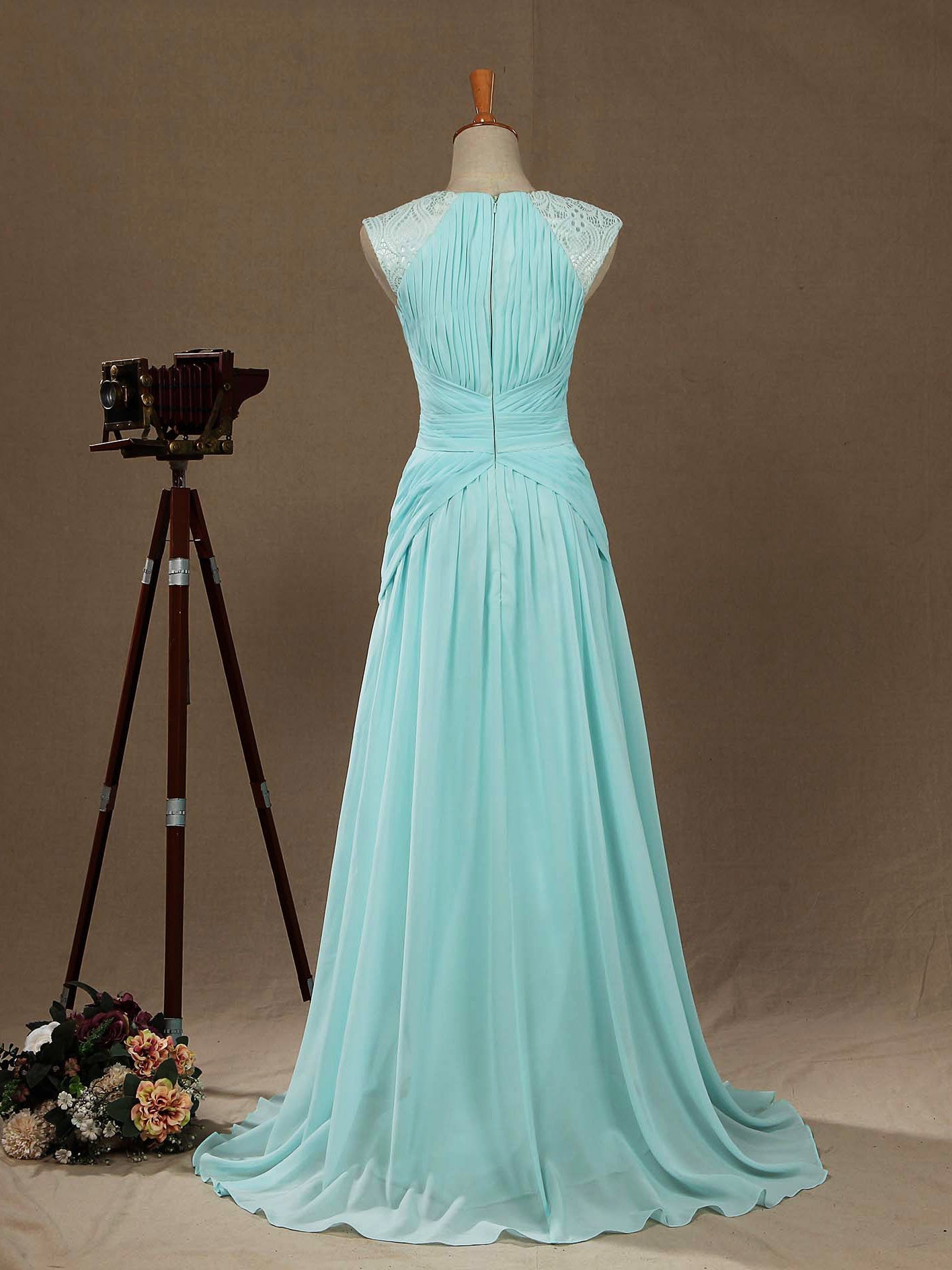 A-Line V-neck Floor Length Chiffon Formal Evening Dress with Lace Shoulder Straps