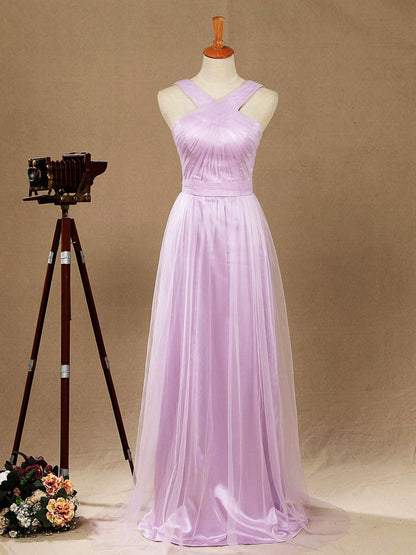 Numbersea Sheath / Column V-neck Floor Length Tulle Bridesmaid Dress with Criss Cross Ruching