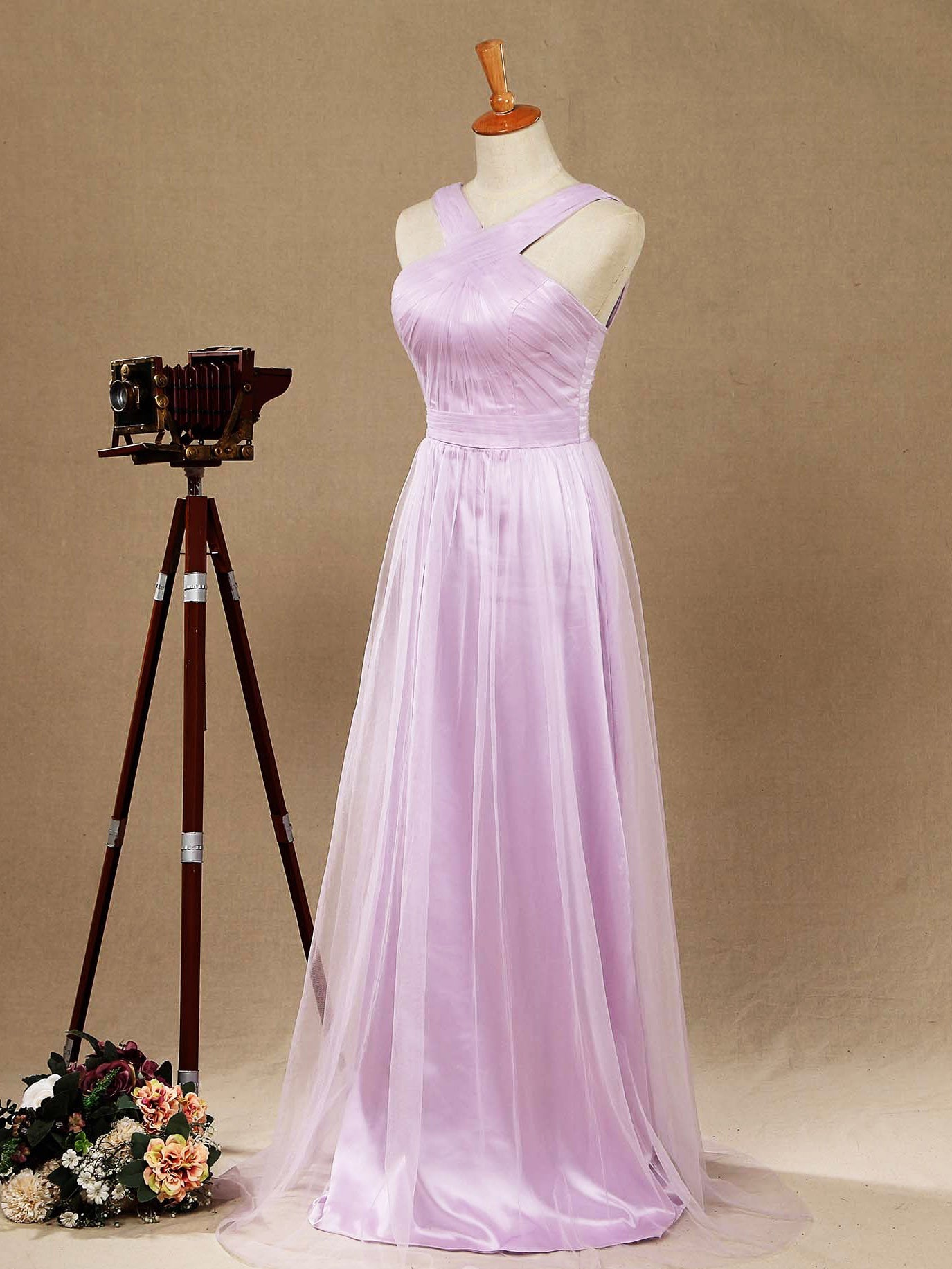 Numbersea Sheath / Column V-neck Floor Length Tulle Bridesmaid Dress with Criss Cross Ruching