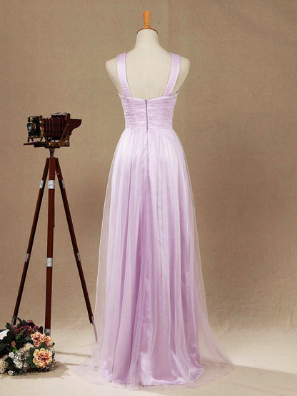 Numbersea Sheath / Column V-neck Floor Length Tulle Bridesmaid Dress with Criss Cross Ruching