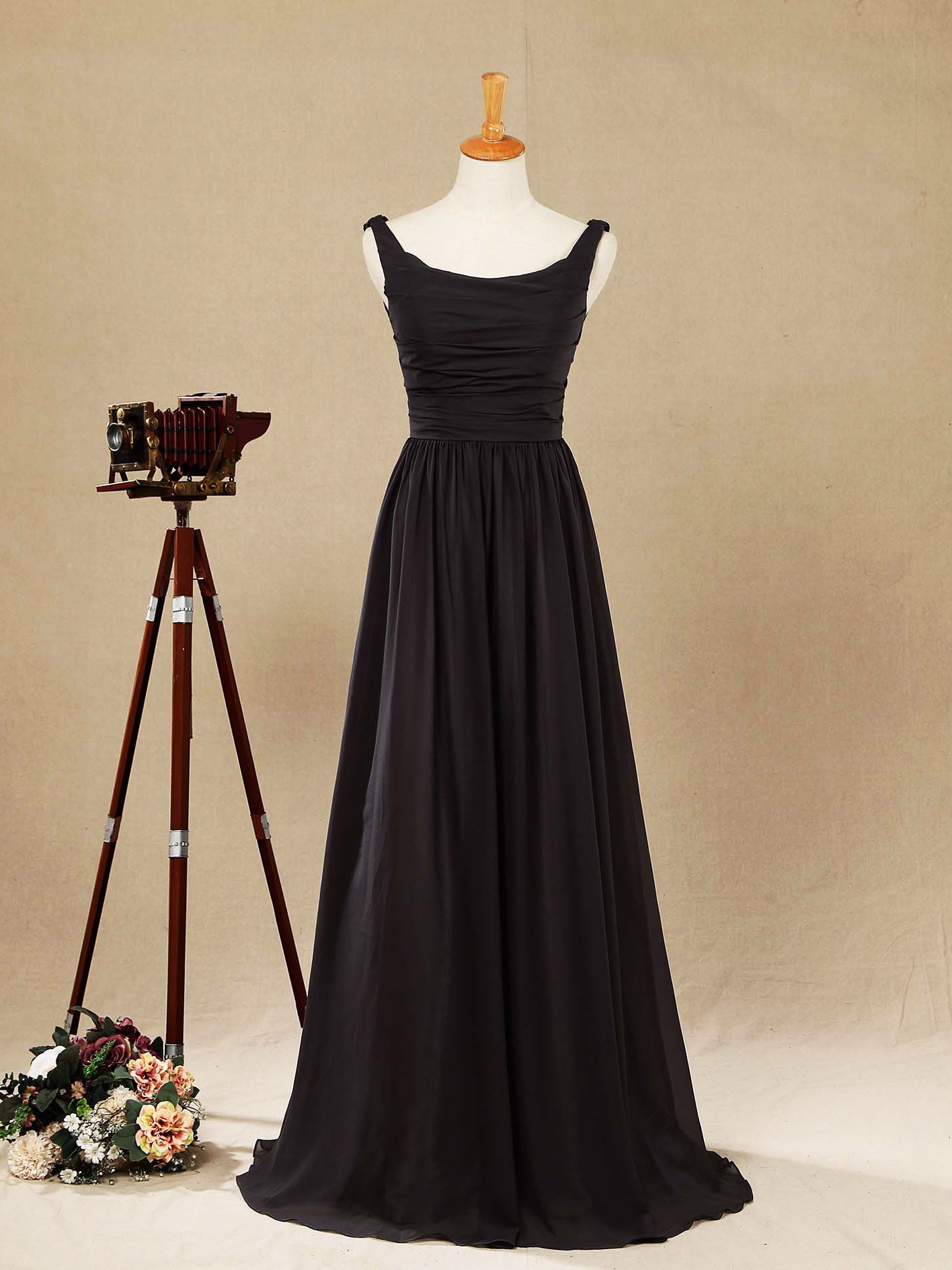 A-Line Scoop Neck Floor Length Chiffon Bridesmaid Dress Cowl Back with Ruching Pleats