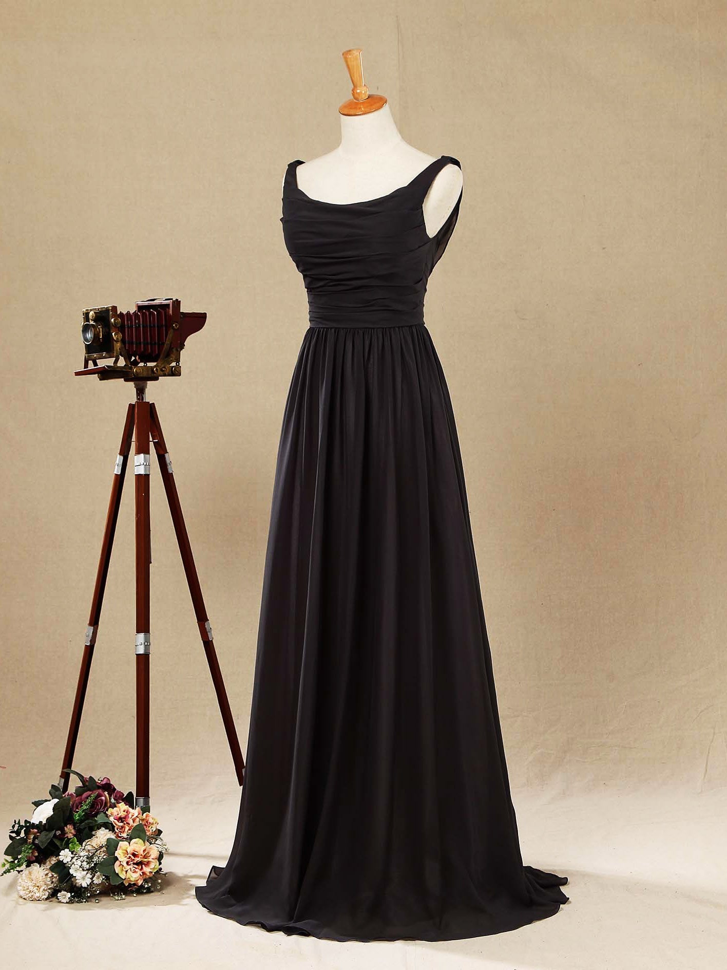 A-Line Scoop Neck Floor Length Chiffon Bridesmaid Dress Cowl Back with Ruching Pleats