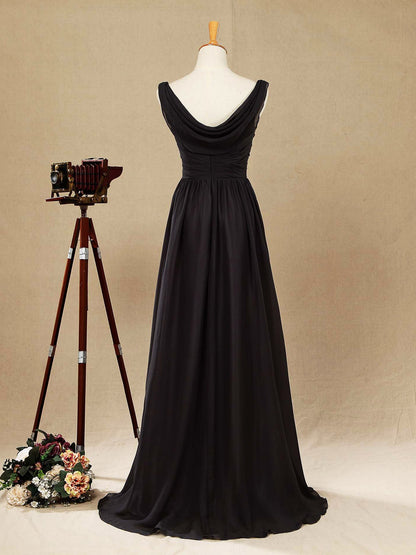 A-Line Scoop Neck Floor Length Chiffon Bridesmaid Dress Cowl Back with Ruching Pleats