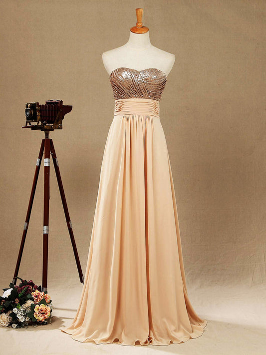 A-Line Rose Gold Sequins Mix Chiffon Floor Length Sweetheart Bridesmaid Dress