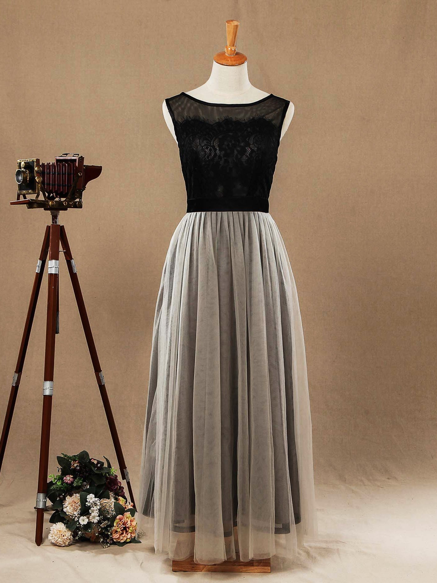 Tulle Mix Lace Tea-Length Bridesmaid Dress A-line Bateau Neck Match Colors