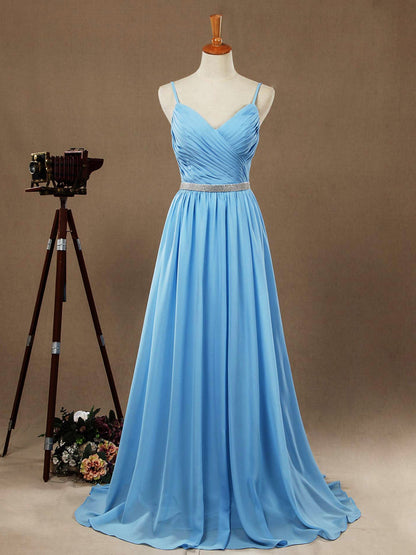 NumberSea - A - Line Spaghetti Straps Chiffon Prom Formal Evening Dress with Beading Belt