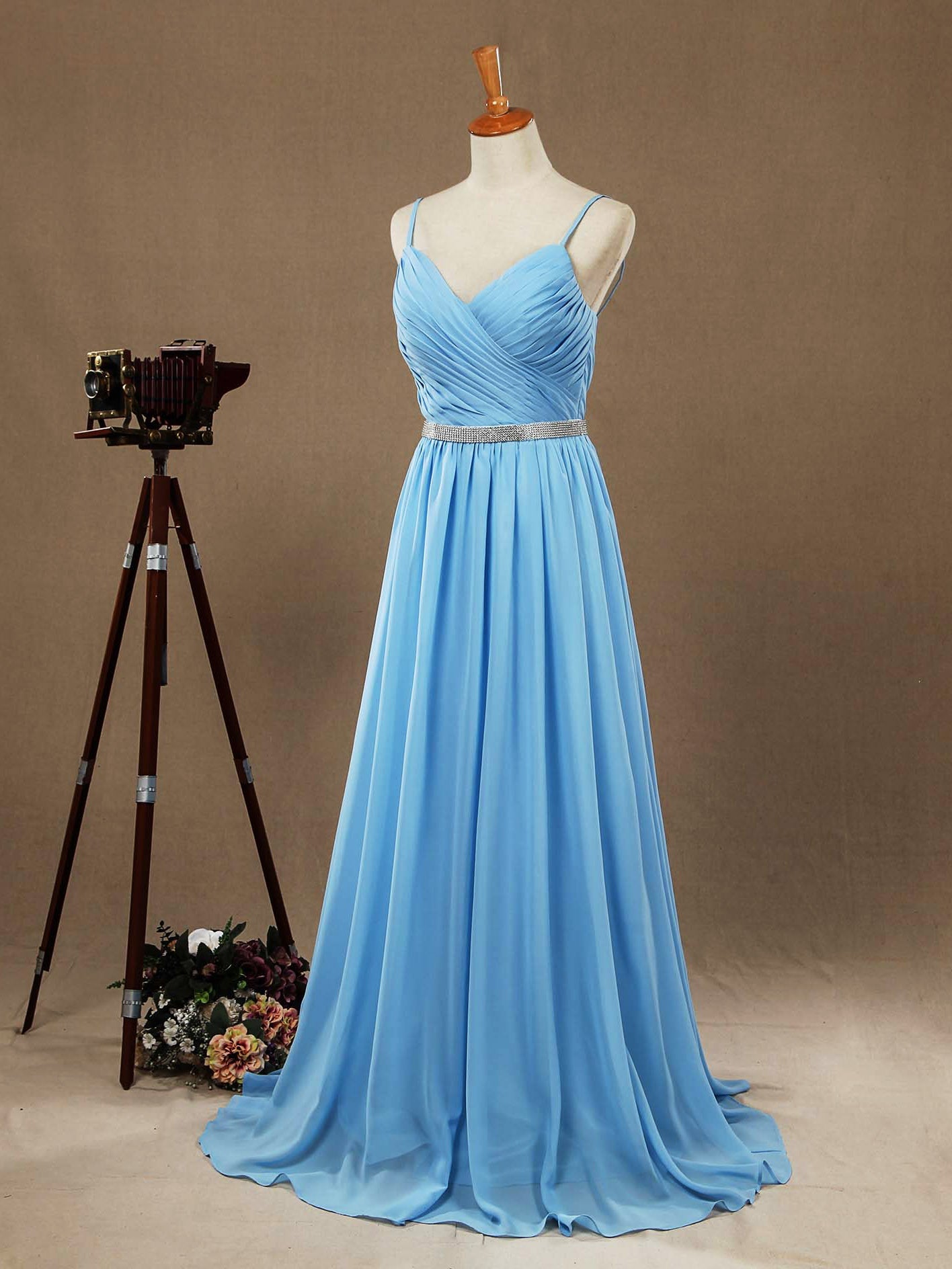 NumberSea - A - Line Spaghetti Straps Chiffon Prom Formal Evening Dress with Beading Belt