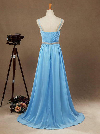 NumberSea - A - Line Spaghetti Straps Chiffon Prom Formal Evening Dress with Beading Belt