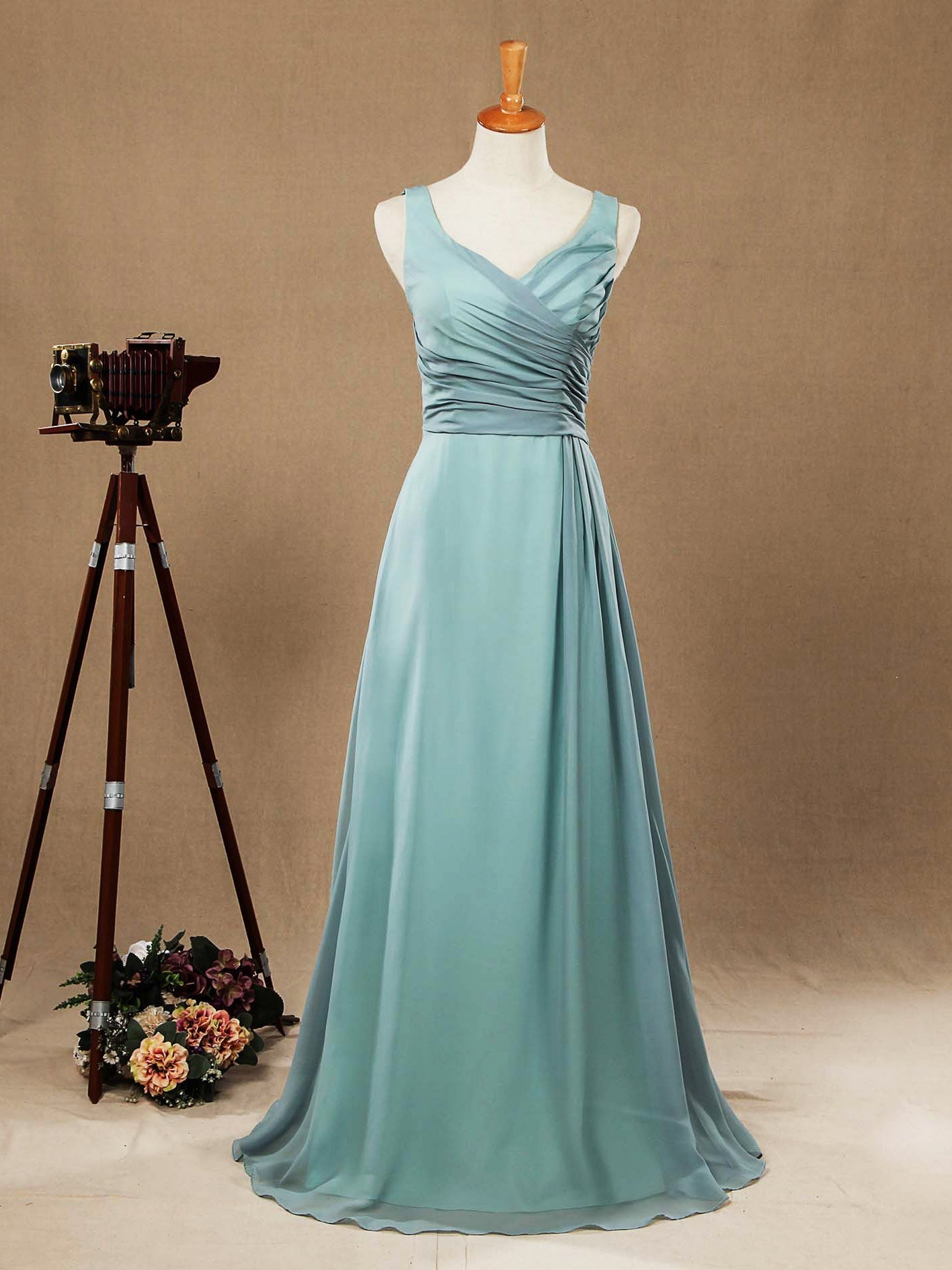 A-Line Long Chiffon Bridesmaid Dresses Dusty Blue Straps V-neck