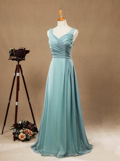 A-Line Long Chiffon Bridesmaid Dresses Dusty Blue Straps V-neck