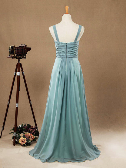 A-Line Long Chiffon Bridesmaid Dresses Dusty Blue Straps V-neck