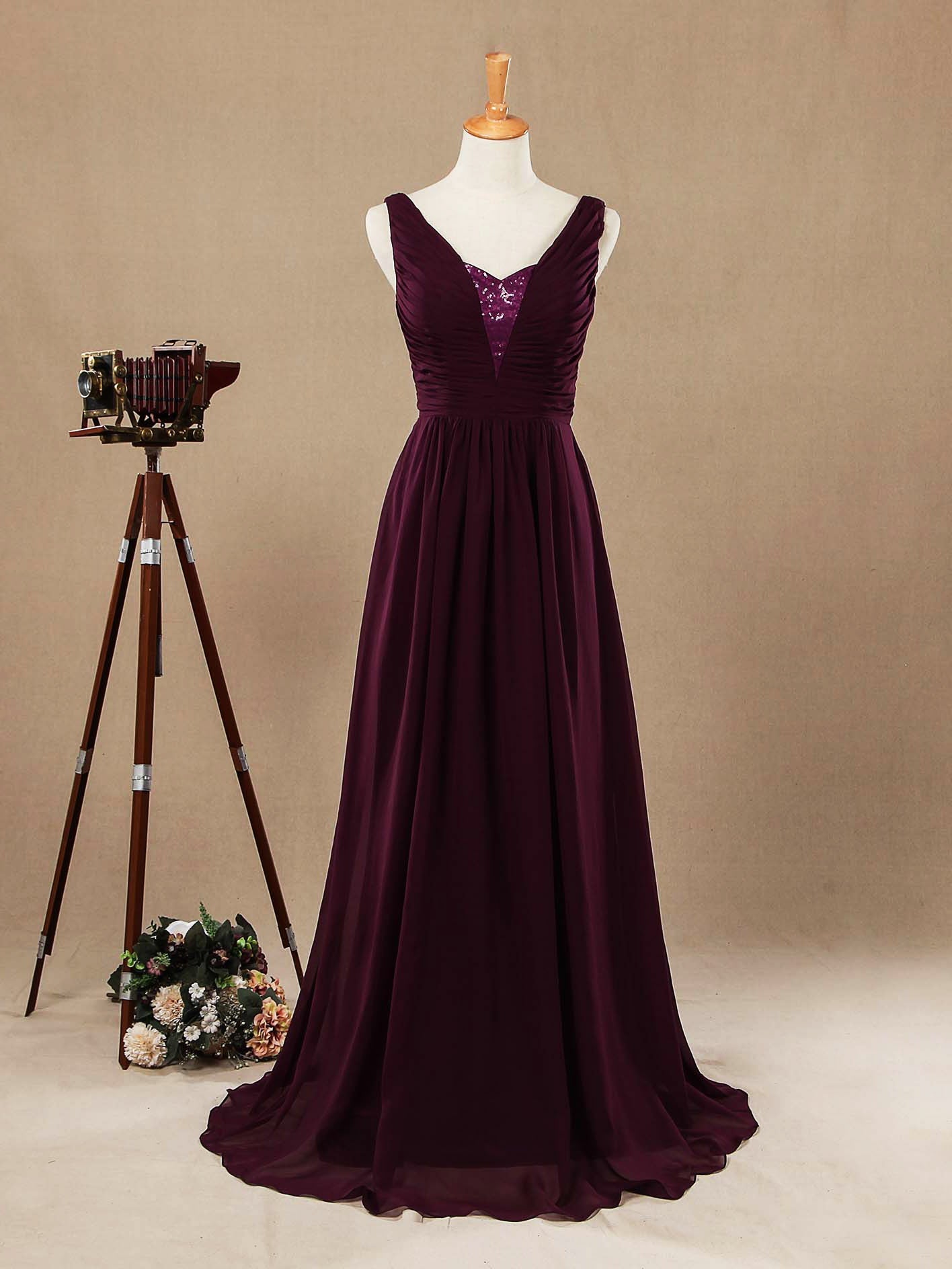 A-Line V-neck Chiffon Bridesmaid V-back Straps with Sequined neckline Evening Dresses