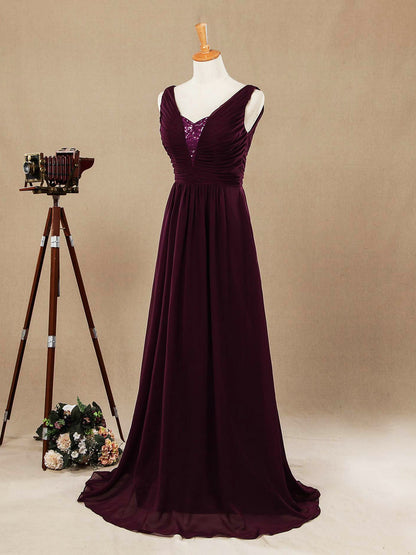 A-Line V-neck Chiffon Bridesmaid V-back Straps with Sequined neckline Evening Dresses