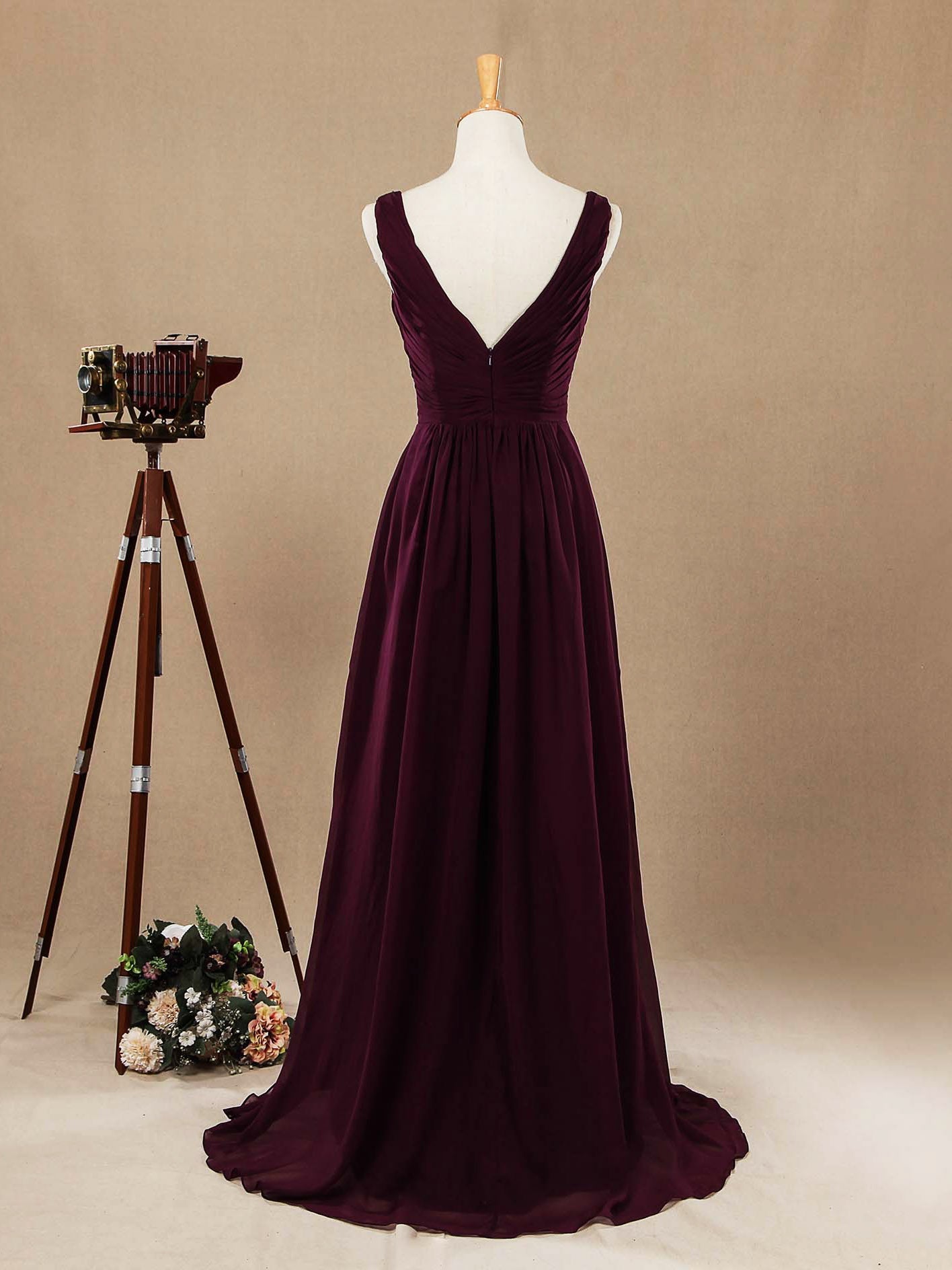 A-Line V-neck Chiffon Bridesmaid V-back Straps with Sequined neckline Evening Dresses