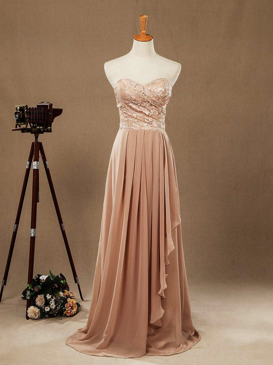 NumberSea - A - line Floor Length Chiffon match Lace Bridesmaid Dresses Sweetheart Strapless