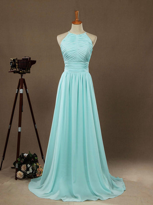 Chiffon Floor Length Prom Dresses A-Line Halter Open Back Pleats