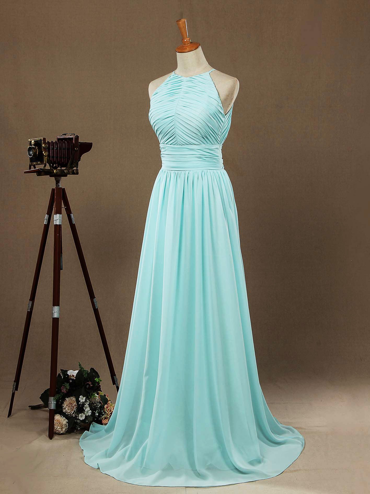 Chiffon Floor Length Prom Dresses A-Line Halter Open Back Pleats