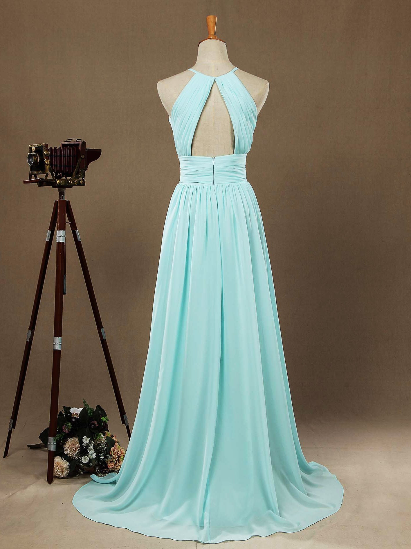 Chiffon Floor Length Prom Dresses A-Line Halter Open Back Pleats