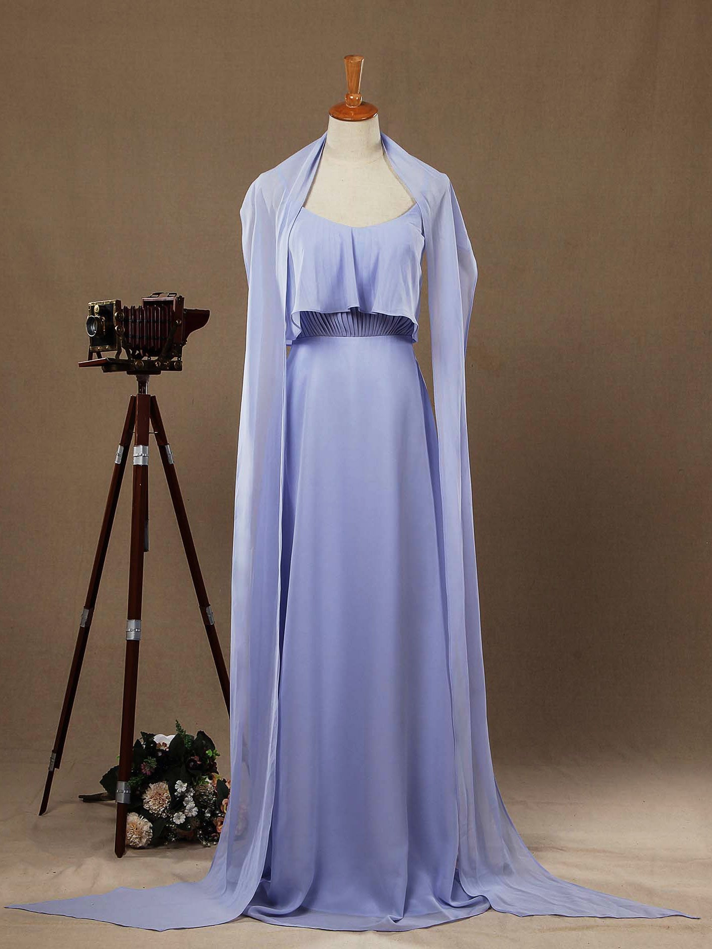 NumberSea - Numbersea Sheath / Column Spaghetti Straps Scoop Neck Chiffon Bridesmaid Dress with Long Belt