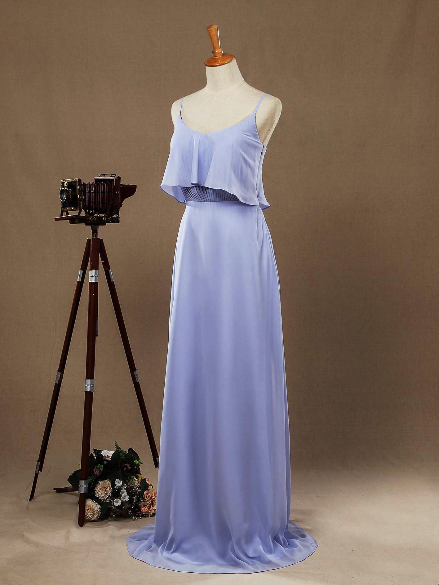 NumberSea - Numbersea Sheath / Column Spaghetti Straps Scoop Neck Chiffon Bridesmaid Dress with Long Belt