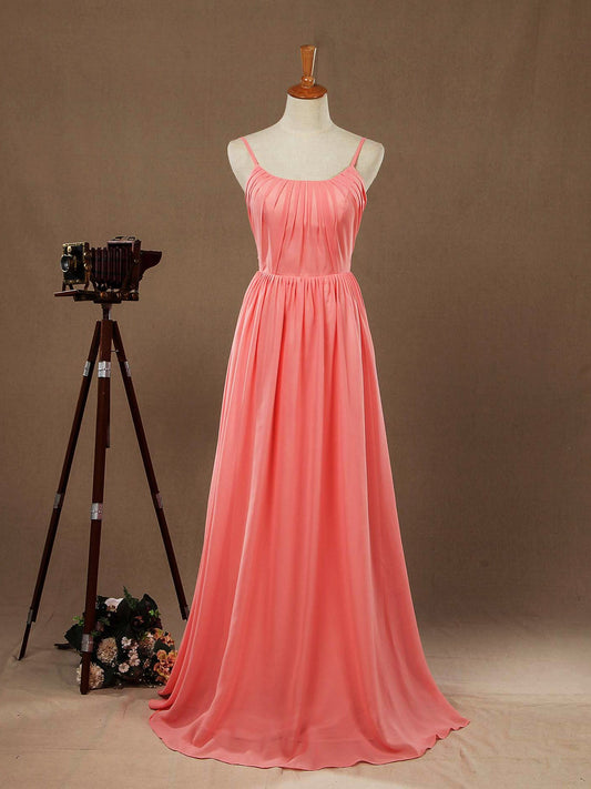 A-Line Scoop Neck Spaghetti Straps Floor Length Chiffon Bridesmaid Dress with Ruching