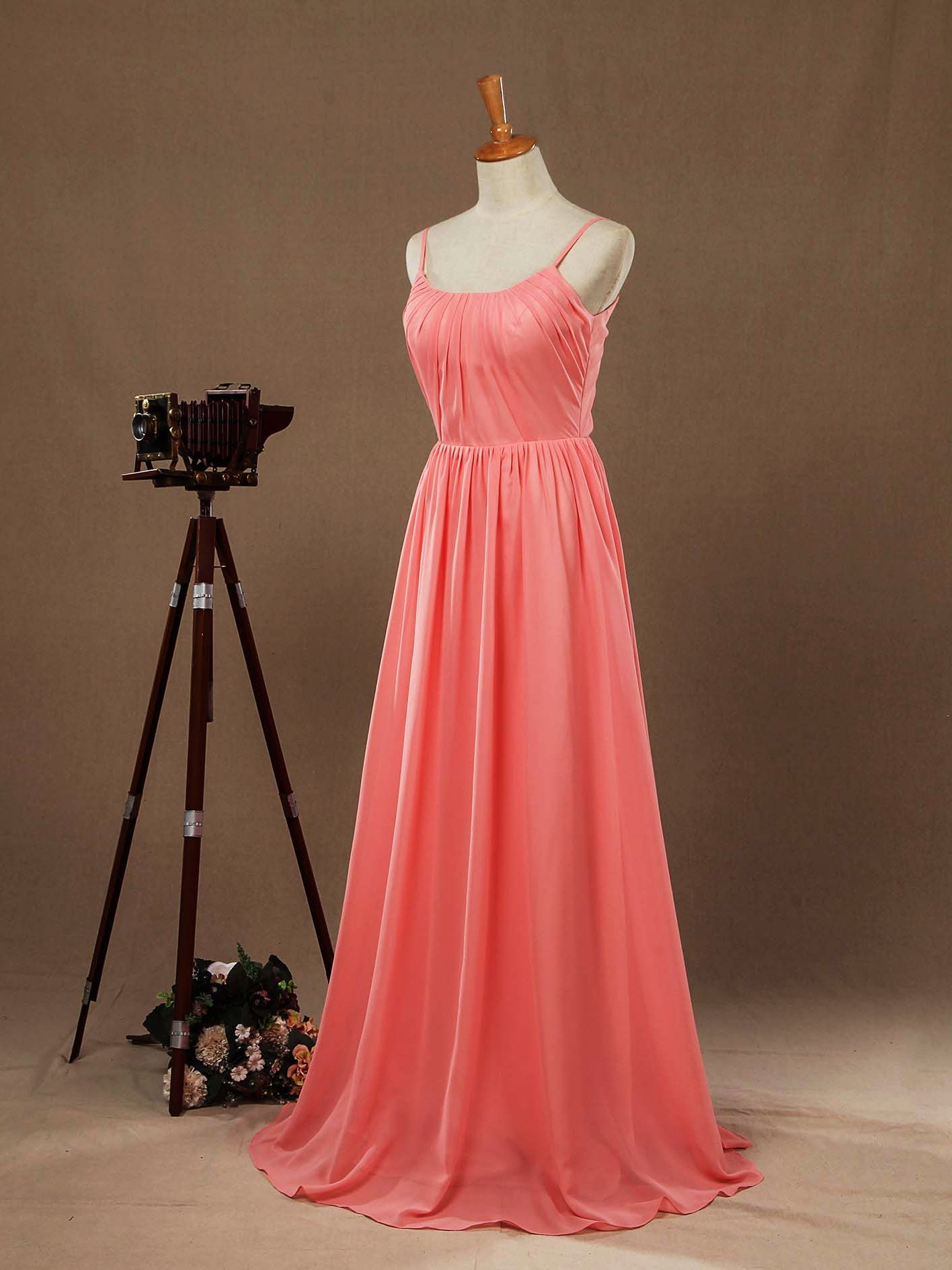 A-Line Scoop Neck Spaghetti Straps Floor Length Chiffon Bridesmaid Dress with Ruching