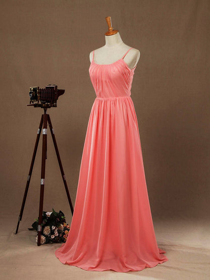 A-Line Scoop Neck Spaghetti Straps Floor Length Chiffon Bridesmaid Dress with Ruching