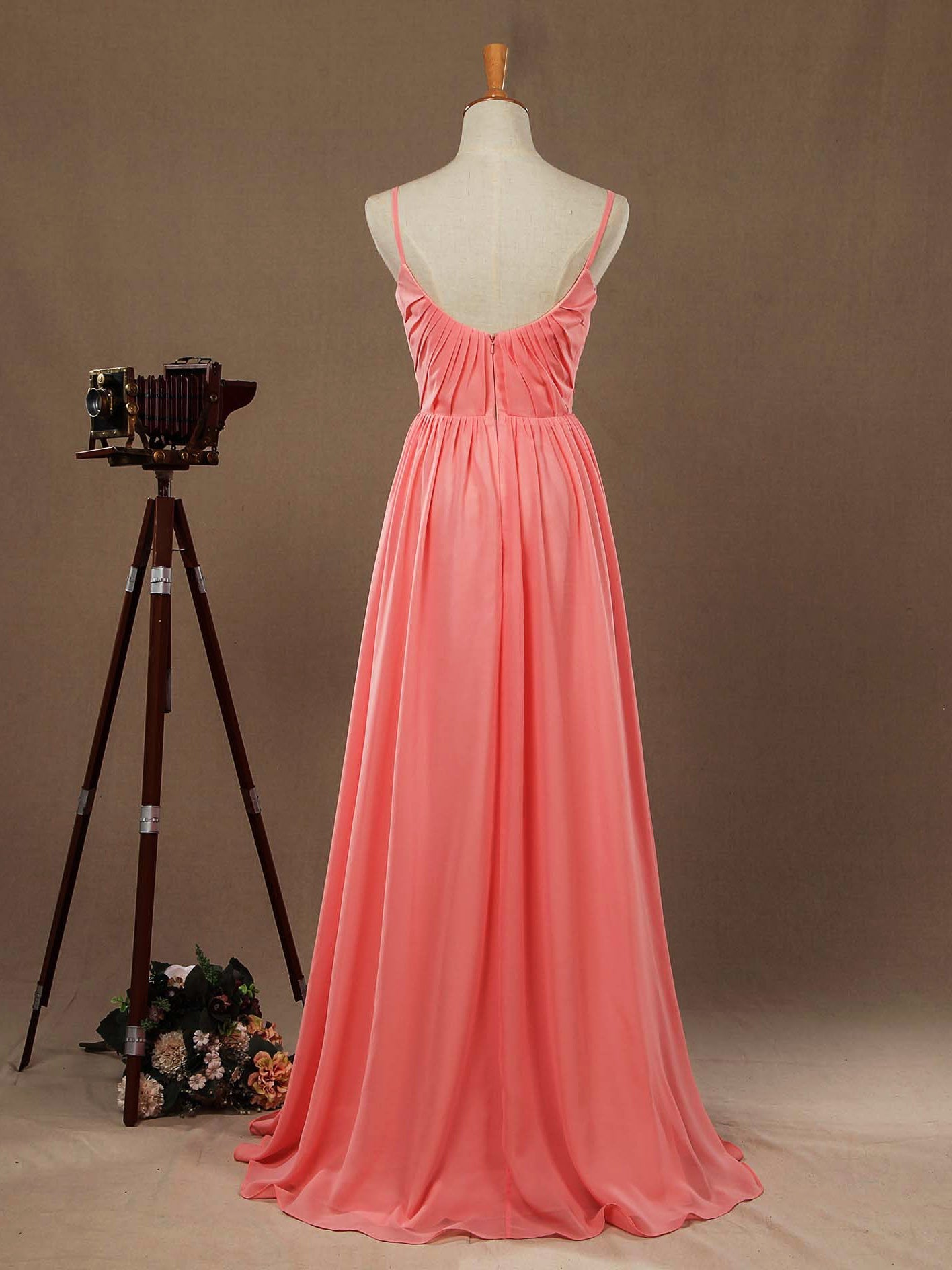 A-Line Scoop Neck Spaghetti Straps Floor Length Chiffon Bridesmaid Dress with Ruching