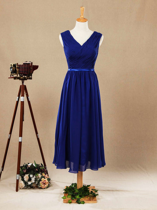 Numbersea Tea Length A-Line V-neck Chiffon Bridesmaid Dress with Sash