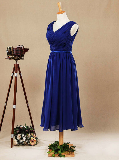 Numbersea Tea Length A-Line V-neck Chiffon Bridesmaid Dress with Sash