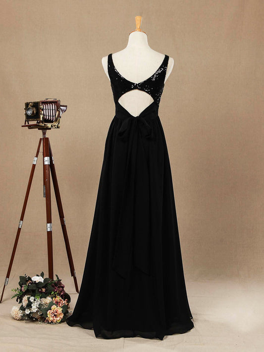 A-Line V-neck Floor Length Chiffon match Sequins Bridesmaid Dress with Ruching Pleats