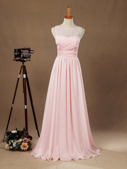 A-line Jewel Neck Floor Length Chiffon match Lace Bridesmaid Dress with Ruching Pleats