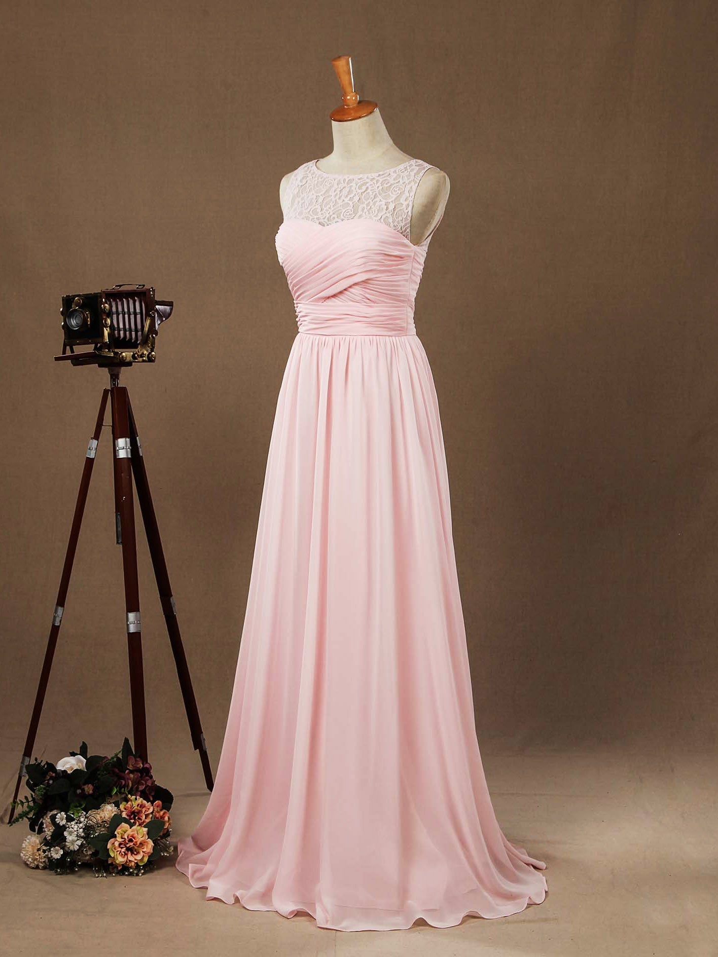 A-line Jewel Neck Floor Length Chiffon match Lace Bridesmaid Dress with Ruching Pleats