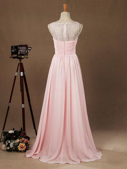 A-line Jewel Neck Floor Length Chiffon match Lace Bridesmaid Dress with Ruching Pleats