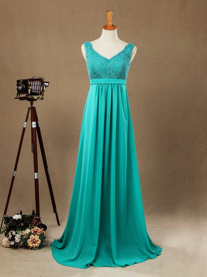 NumberSea - Numbersea Sheath Column V - neck Floor Length Chiffon match Lace Bridesmaid Dress with Pleats