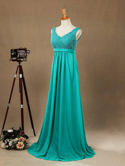 NumberSea - Numbersea Sheath Column V - neck Floor Length Chiffon match Lace Bridesmaid Dress with Pleats