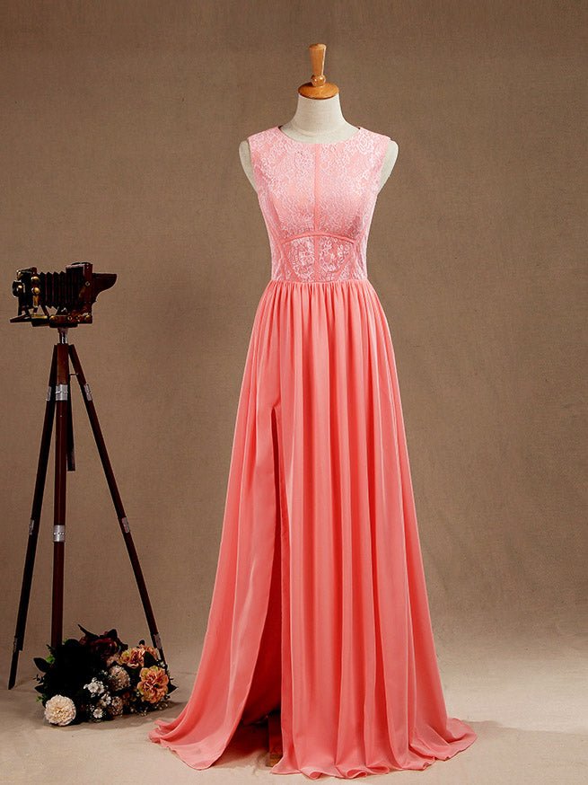 NumberSea - A - Line Jewel Neck Floor Length Chiffon match Lace Prom Formal Evening Dress with Split