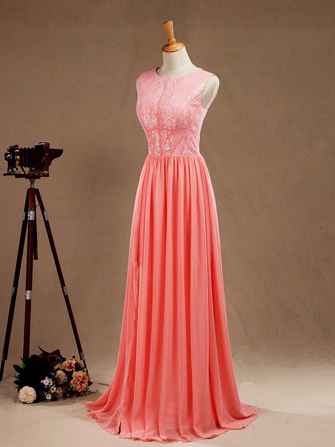 NumberSea - A - Line Jewel Neck Floor Length Chiffon match Lace Prom Formal Evening Dress with Split