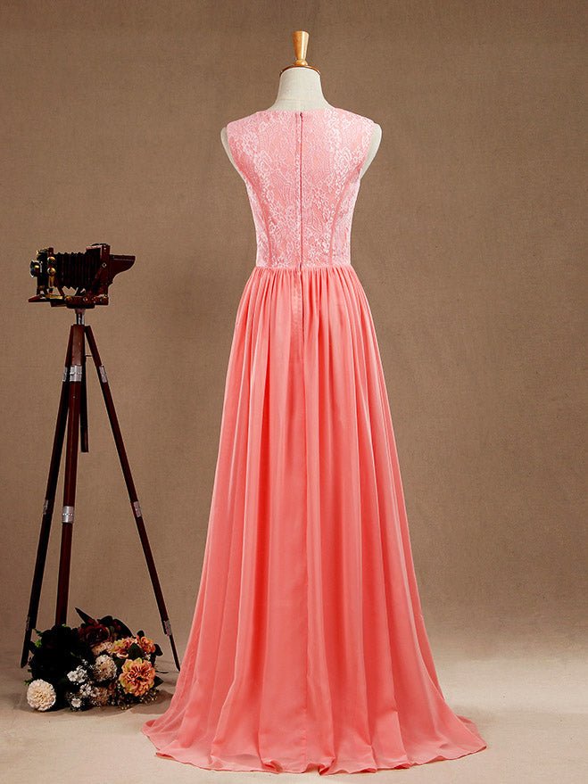 NumberSea - A - Line Jewel Neck Floor Length Chiffon match Lace Prom Formal Evening Dress with Split