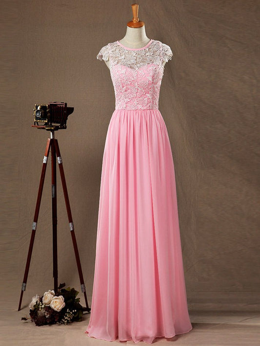 NumberSea - A - Line/Princess Bridesmaid Dress Chiffon Match Lace Scoop Neck Cap Sleeves