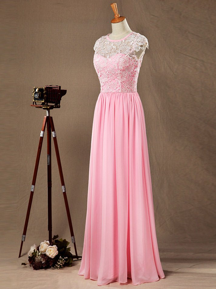 NumberSea - A - Line/Princess Bridesmaid Dress Chiffon Match Lace Scoop Neck Cap Sleeves