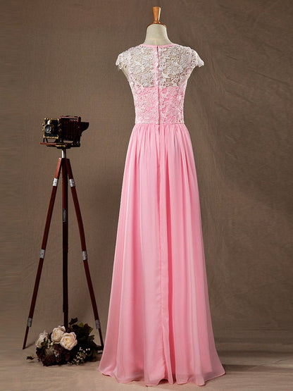 NumberSea - A - Line/Princess Bridesmaid Dress Chiffon Match Lace Scoop Neck Cap Sleeves